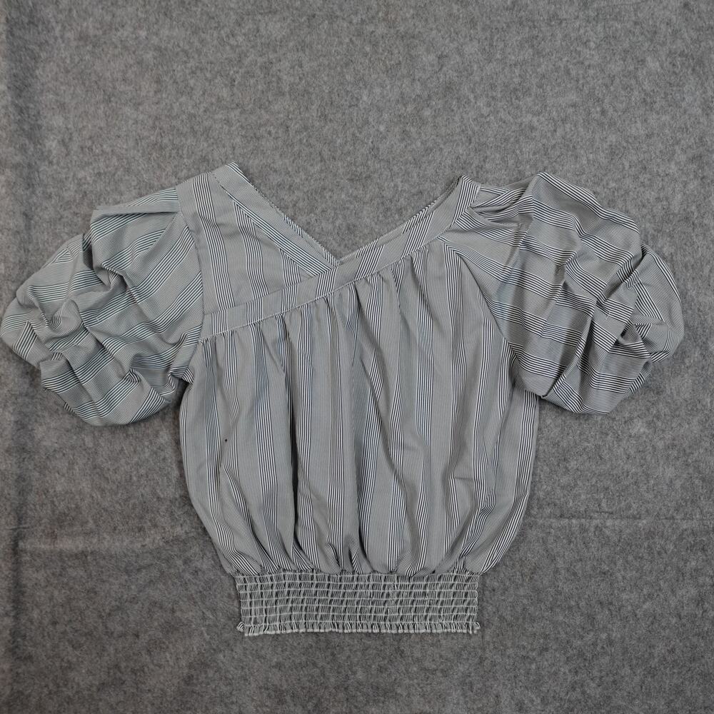 Habitual Girl Top Kids 14 Puff Sleeve Smocked Waist V-Neck Striped Blouse